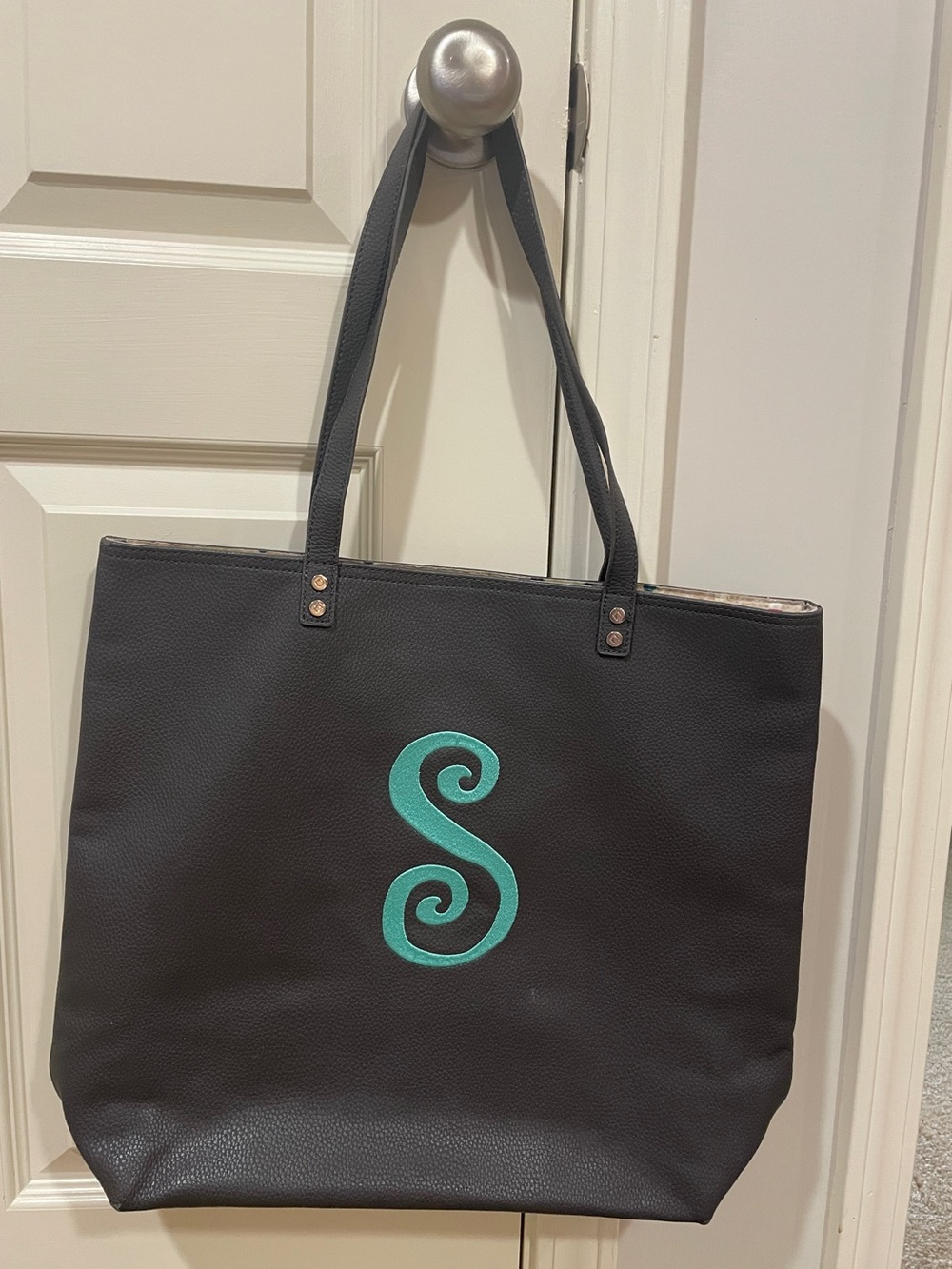 Black Tote Bag with Teal Monogram Accent - Women's Shoulder Tote